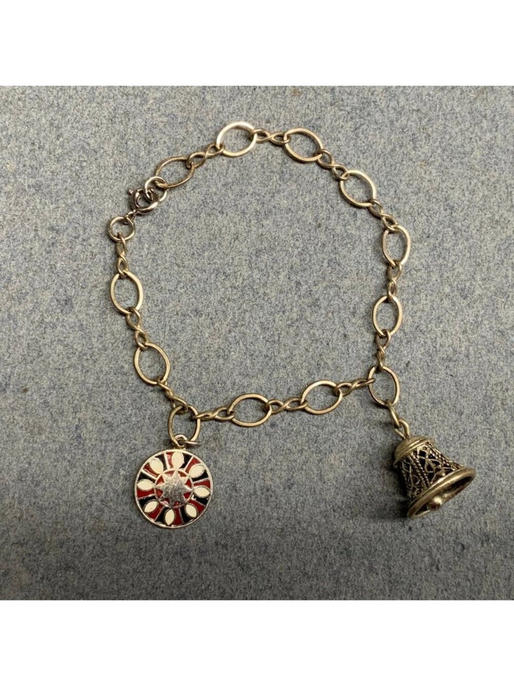Charm Bracelet 7 In Sterling Silver Chain Red Black Medallion Filigree Bell